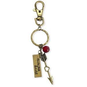 Follow your heart arrow keychain with ruby red bead Antique brass tone hardware